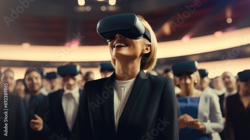 Vr experience senior business manager woman attend meeting wearing vr virtual goggle glasses standing in autitorium convention hall with crowd of business people background photo