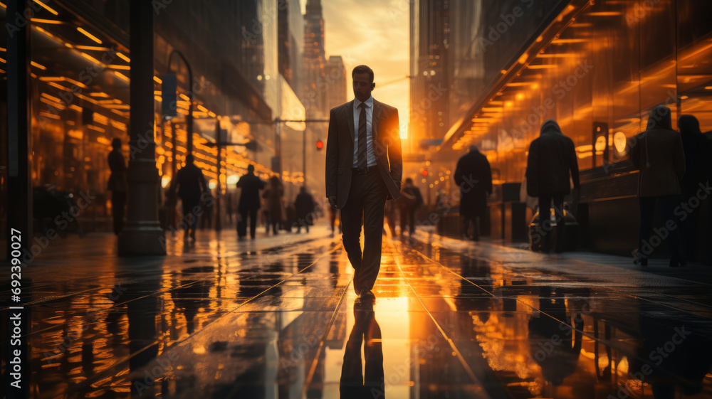 Blurred businessman walking in the city telephoto lens morning light , generative ai. - obrazy, fototapety, plakaty 