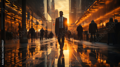Blurred businessman walking in the city telephoto lens morning light , generative ai. photo