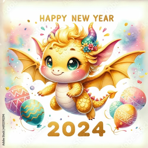 Happy New Year 2024: Cute Gold Dragon Cartoon Card for Festive Celebration