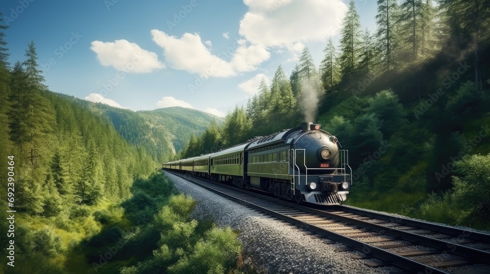 Fototapeta premium A young wSuburban passenger train. A locomotive pulls a passenger train along a winding road among the summer forest and mountains. Picturesque scenery and train travel