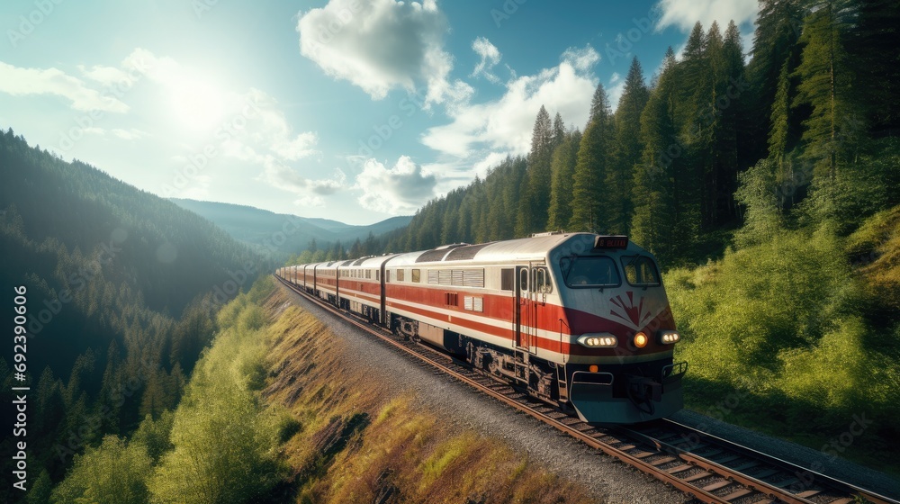 A young wSuburban passenger train. A locomotive pulls a passenger train along a winding road among the summer forest and mountains. Picturesque scenery and train travel