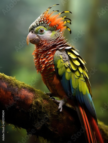 A colorful parrot is perched on a branch. Generative AI.