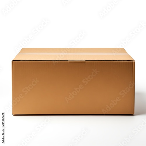 Shoesbox. Isolated shallow cardboard box on white background. Delivery. Post shipping. Paper board. Parcel, cargo. Sellotape. A carboard box and sticky tape. Shoebox © grooveisintheheart