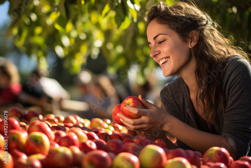 A beautiful young woman chooses fresh organic red apples at a farmers market