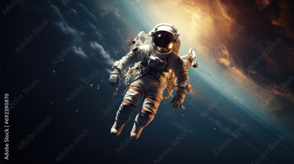 Astronaut in an autonomous space suit in outer space. Studies of near space and the possibilities of the human body in weightlessness