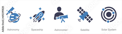 A set of 5 Astronomy icons as astronomy, spaceship, astronomer