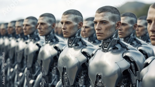 Army of cloned people. War and cloned soldiers. Replacing people with robots photo