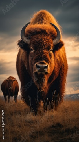 A bison is standing in the middle of a field. Generative AI.