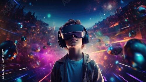 Boy wearing virtual reality glasses. A world of bright colors and events. Total digitalization of society and people's dependence on gadgets. Escape from the real world
