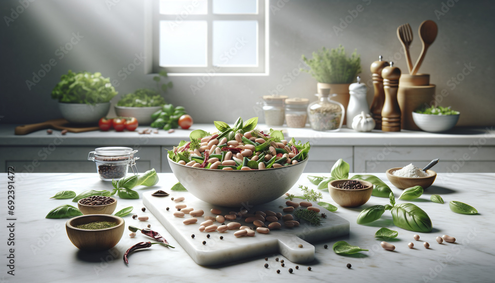 Bean Salad on Marble Counter with Fresh Herbs Bean Salad on Marble Counter with Fresh Herbs