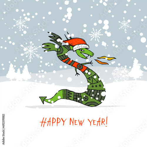 Funny Dragon character with Santa hat in winter forest. Symbol of Chinese New...