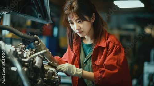Close up photo of an Asian repairwoman in auto repair shop. Young Asian woman in her workshop. Small business concept