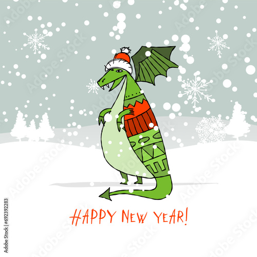 Funny Dragon character with Santa hat in winter forest. Symbol of Chinese New...