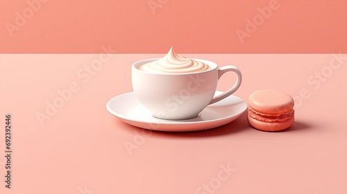3D illustration of cup of coffee with macaron on pastel background.