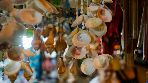 Ornaments made from seashells. A seashell ornament usually hung on doorways. Seashells bought for souvenirs and gifts.