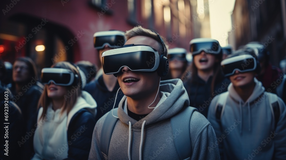 Dependence of people on the virtual world and entertainment. A lot of people on the street in virtual reality glasses. The digitalization of society is like a virus Dependence of people on the virtual world and entertainment. A lot of people on the street in virtual reality glasses. The digitalization of society is like a virus