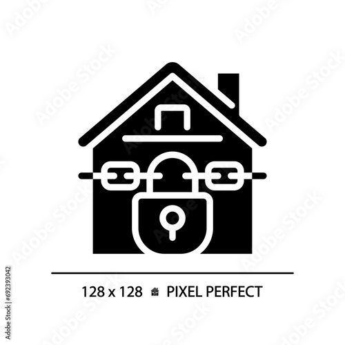 2D pixel perfect glyph style foreclosed home icon, solid isolated vector, simple silhouette illustration representing economic crisis.
