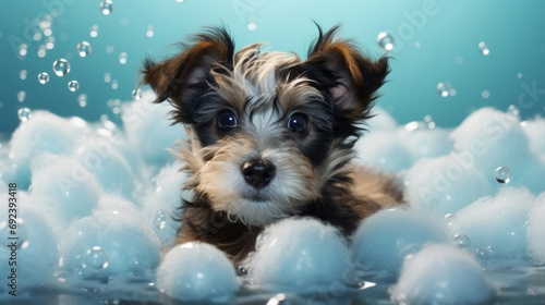 Puppy, bath and bubbly bliss for adorable cleanliness and joyful pampering. Wet fur, playful bubbles and gentle care. This scene is perfect for pet grooming services, care blogs and heartwarming visu