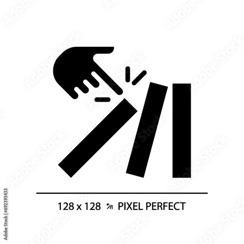 2D pixel perfect glyph style tumbling dominoes icon, solid isolated vector, simple silhouette illustration representing economic crisis.