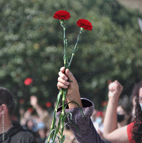 Mão de uma pessoa no ar a segurar dois cravos no meio de uma multidão