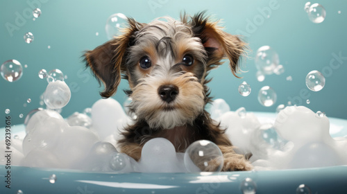 Puppy, bath and bubbly bliss for adorable cleanliness and joyful pampering. Wet fur, playful bubbles and gentle care. This scene is perfect for pet grooming services, care blogs and heartwarming visu photo