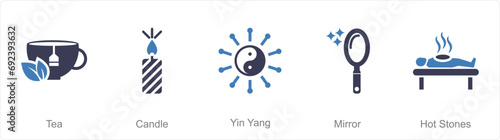 A set of 5 Beauty and Spa icons as tea, candle, ying yang