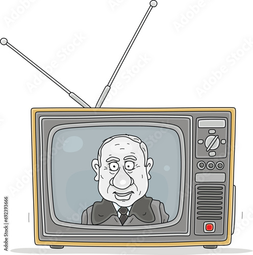 Retro TV set showing an old government official in a propaganda television talk show with ideological brainwashing, vector cartoon illustration isolated on a white background