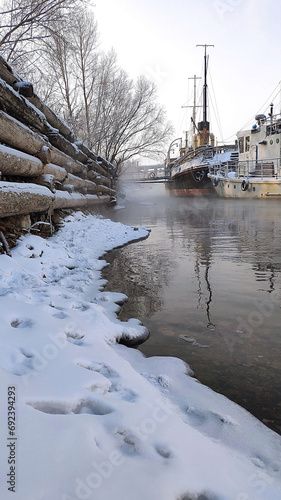 The unfrozen Yenisei River. frosts