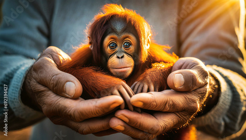 Close-up of two wrinkled hands of an environmentalist, holding a baby orangutan. Endangered species and protection concept. Generative Ai. photo