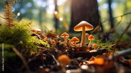 Macro photo of psilocybin mushrooms in the forest