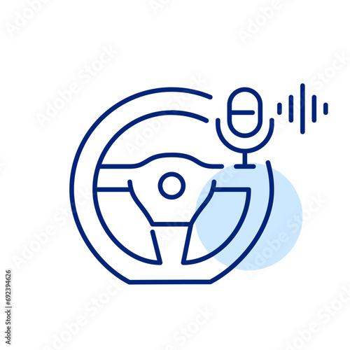 Smart car voice command. Steering wheel and microphone. Pixel perfect, editable stroke