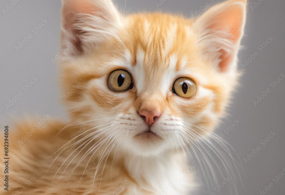 Close-up portrait of a cute ginger kitten on gray background. Portrait of beautiful red cat with green eyes on blurred background. Close-up portrait of a cute ginger kitten on gray background. Portrait of beautiful red cat with green eyes on blurred background.