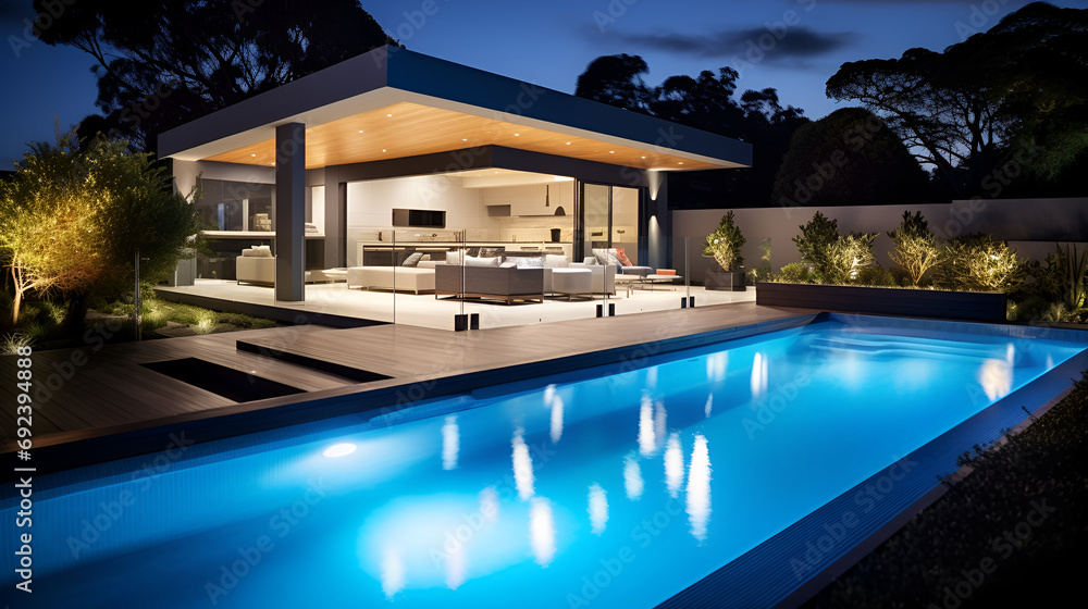 night-time swimming pool, modern australian home
