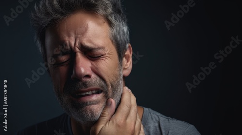 Middle aged Caucasian man on dark grey background touching her face and closing eyes with expression of horrible suffer from health problem and aching tooth,�showing dissatisfaction © Usman