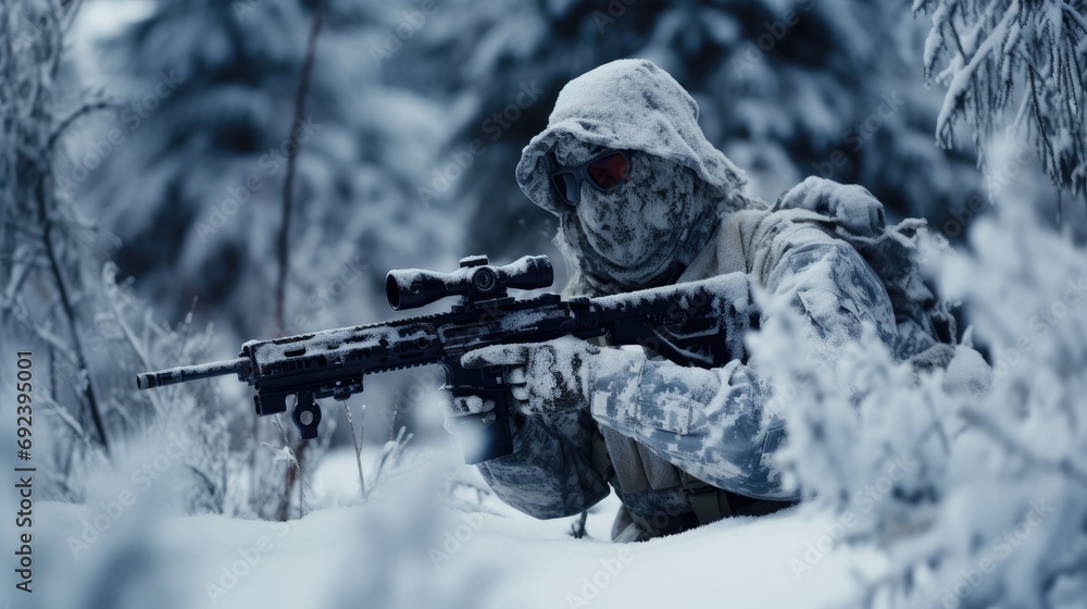 Military sniper in the winter forest. The concept of special operations behind enemy lines. The sniper aims at the enemy Military sniper in the winter forest. The concept of special operations behind enemy lines. The sniper aims at the enemy