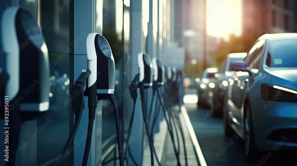 Modern fast electric vehicle chargers for charging car on the city street. Eco friendly sustainable energy concept. A bank of electric car chargers Modern fast electric vehicle chargers for charging car on the city street. Eco friendly sustainable energy concept. A bank of electric car chargers