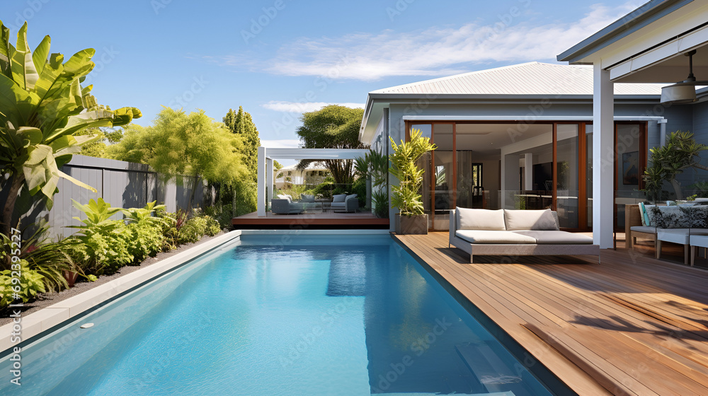 Fototapeta premium stunning backyard small spa pool with beautiful garden surorunds, modern australian home