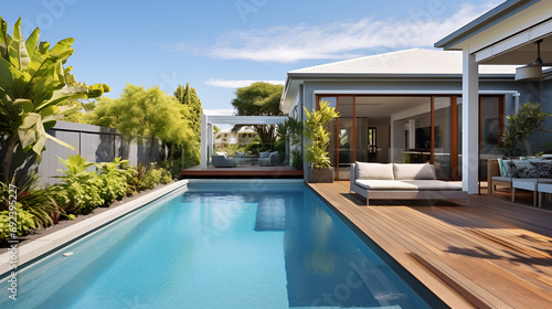 stunning backyard small spa pool with beautiful garden surorunds, modern australian home © l1gend