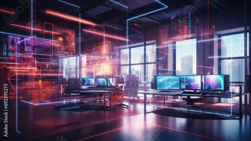 Modern neon cyberpunk open space office interior blurred with information technology overlay. Corporate strategy for finance, operations, marketing