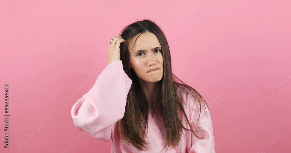 Thoughtful confused girl in pink dress scratching head while thinking over solution, having doubts about difficult choice isolated on pink background, not know, unsure, raised hands. Thoughtful confused girl in pink dress scratching head while thinking over solution, having doubts about difficult choice isolated on pink background, not know, unsure, raised hands.