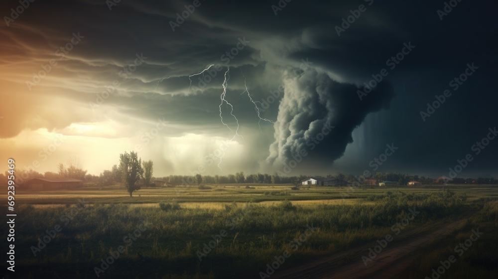 Natural disaster concept. Tornado raging over a landscape. Storm over cornfield. Super cell wall cloud moving over the rural landscape during severe storm tornado warning - obrazy, fototapety, plakaty 