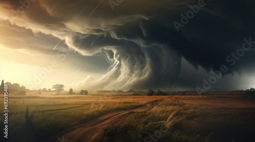 Natural disaster concept. Tornado raging over a landscape. Storm over cornfield. Super cell wall cloud moving over the rural landscape during severe storm tornado warning photo