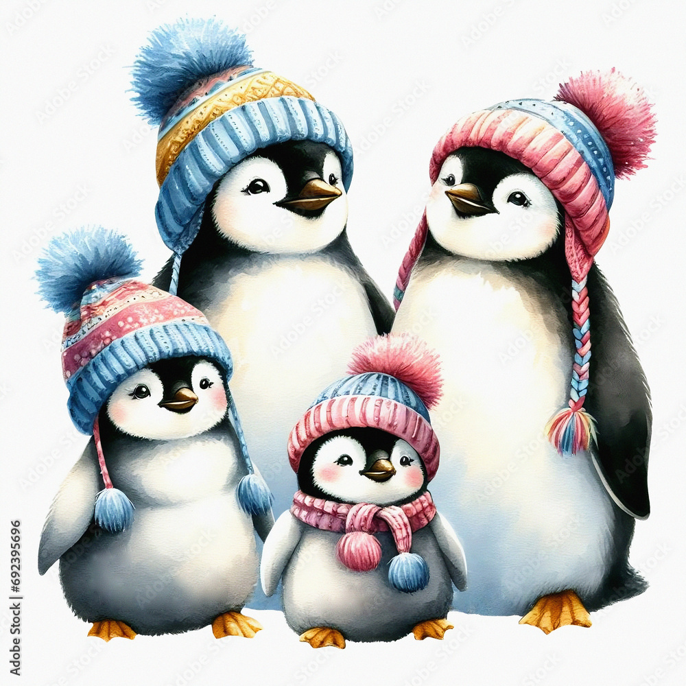 Fototapeta premium Penguin family in knitted hats and scarves, Winter penguins, Christmas penguins