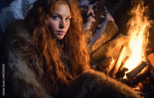 A woman in a fur coat sitting in front of a fire. Generative AI.