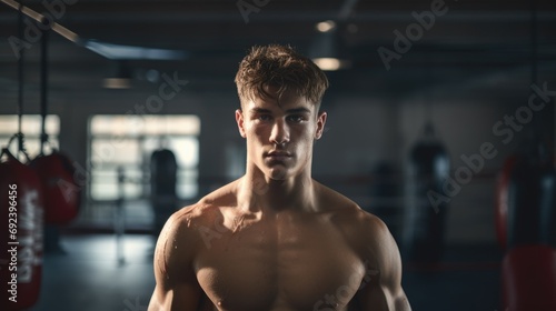 Portrait of a young boxer in the gym. He looking at camera after a workout. Boxing is a sport for those who are able to show a real masculine character