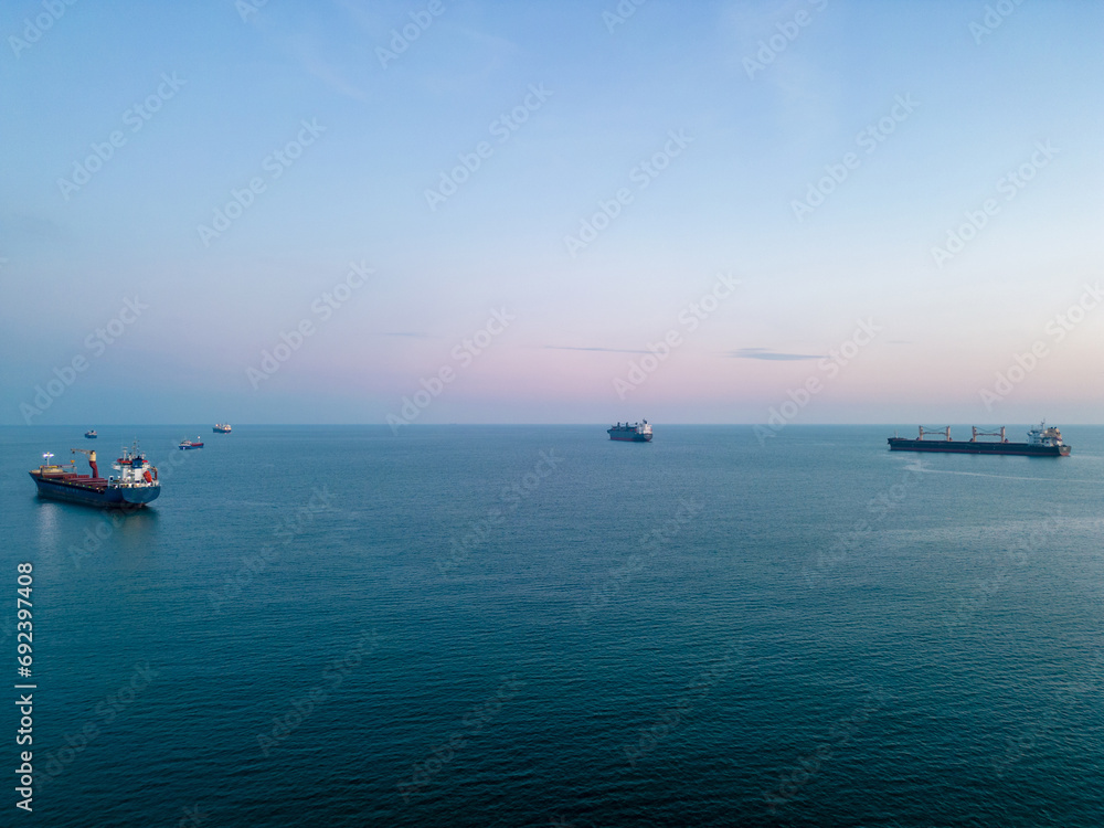 Several cargo ships in a sea bay are waiting in a queue to enter the port, an aerial view