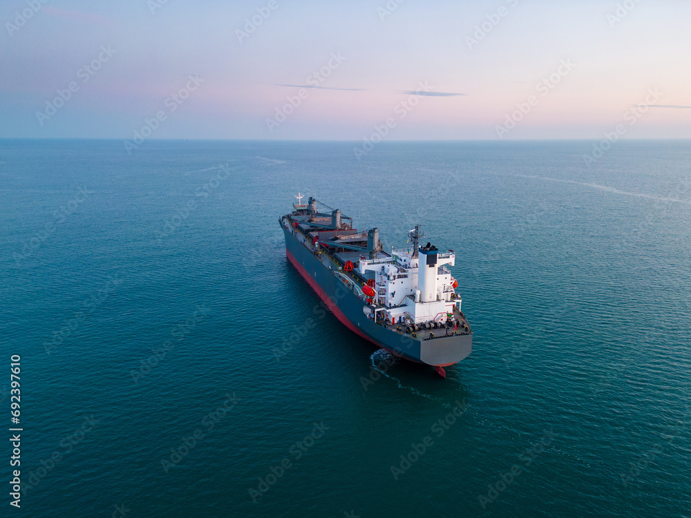 A massive cargo ship wood chips carrier in the sea, aerial view