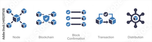 A set of 5 Blockchain icons as node, blockchain, block confirmation