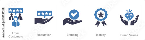 A set of 5 Branding icons as loyal customer, reputation, branding